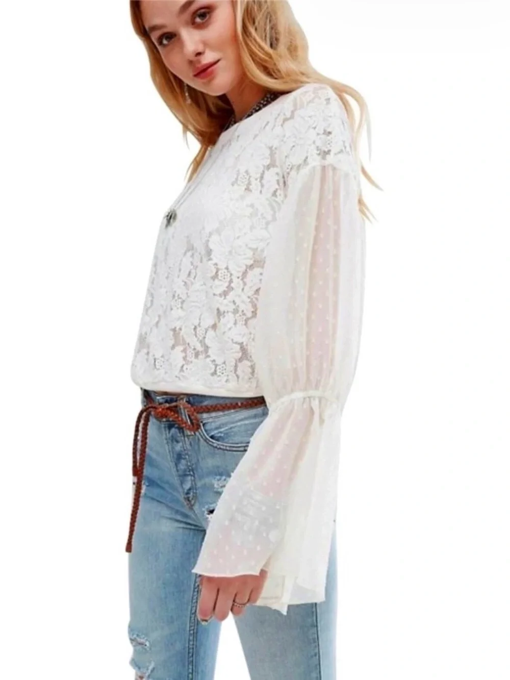 Free People Something Like Love Lace Bell Sleeve Blouse Ivory Size Large